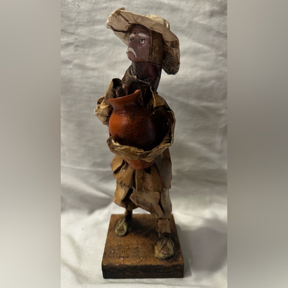Mexican Paper Mache.Handcrafted Figurine with Hat and Pot